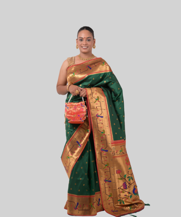 Semi Silk Paithani - Golden & Green