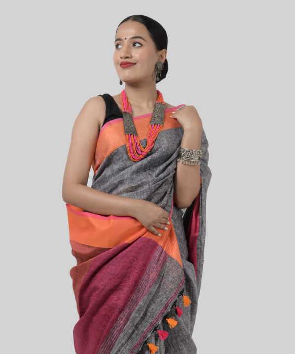 Linen Saree - Grey & Orange