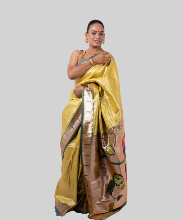 Semi Silk Parrot Green Paithani - Golden Yellow
