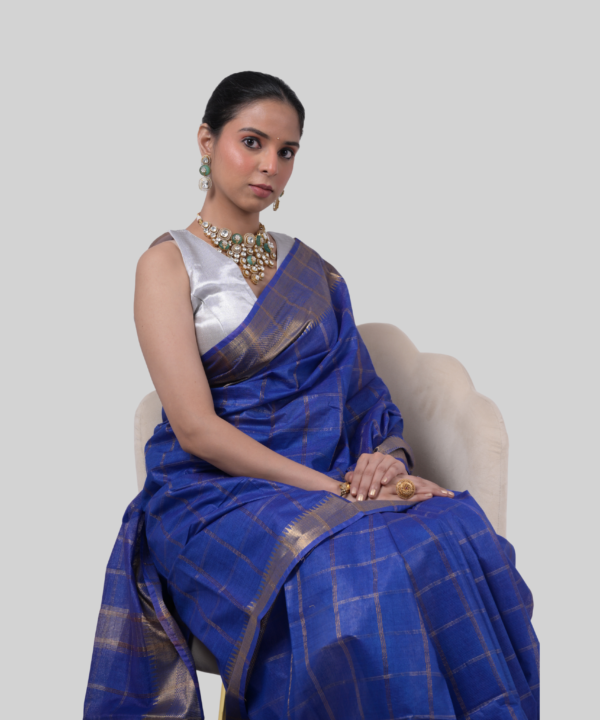 Maheshwari Silk - Copper Check - Royal Blue