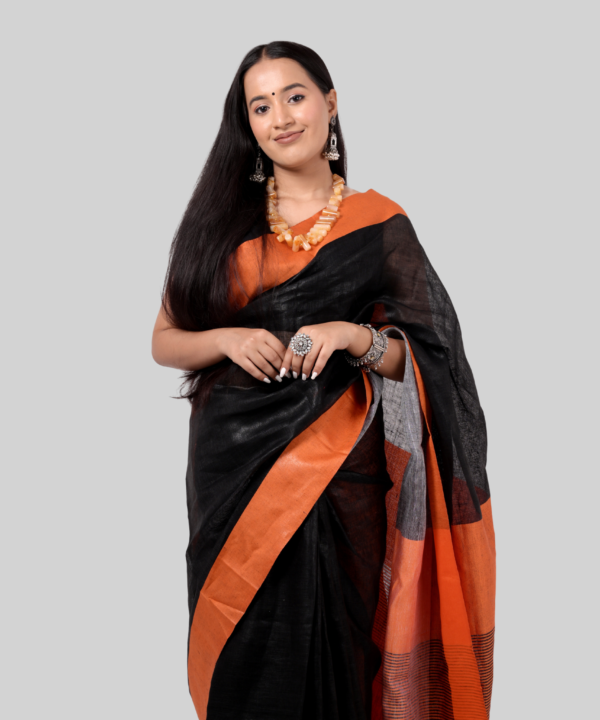Elegant Linen Saree - Black & Orange